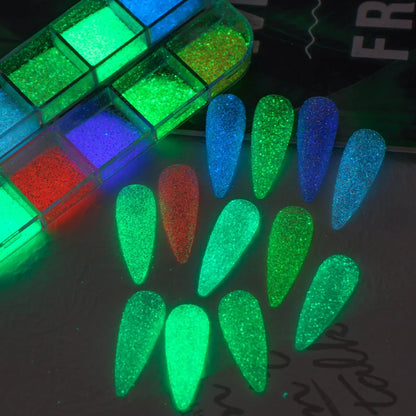 12 Grid Glow Nail Art Glitter Powder