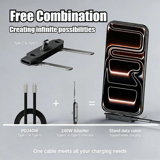 2-in-1 240W USB-C to USB-C Fast Charging Cable with Phone Stand
