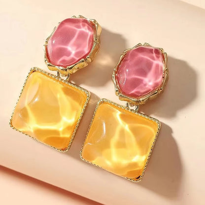 Round Square Crystal Stone Drop Earrings