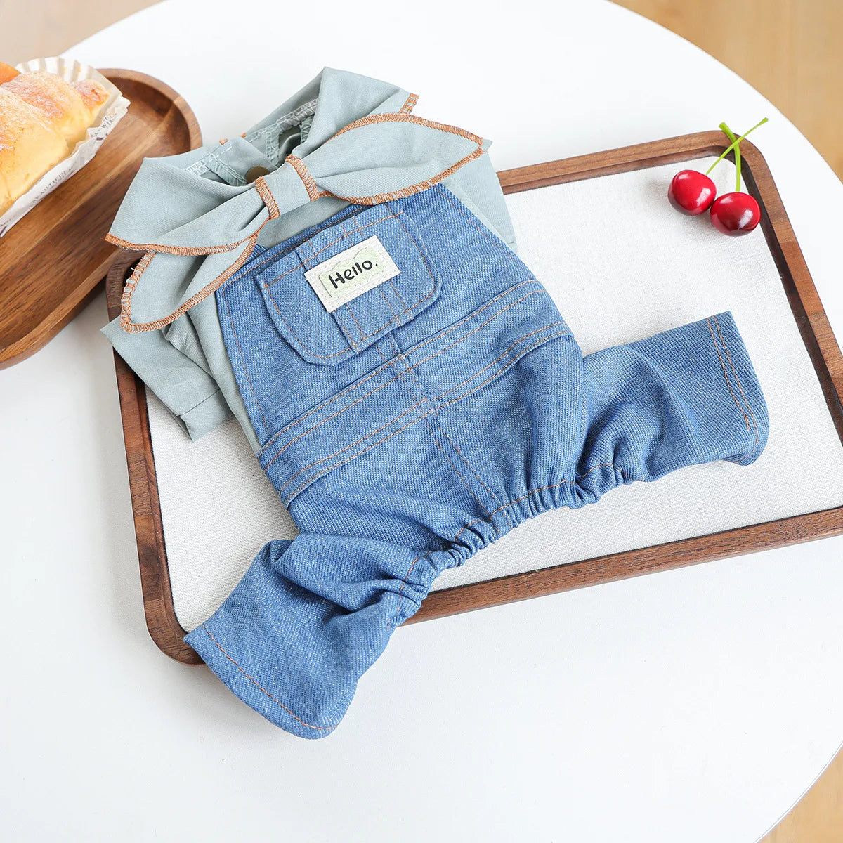 Fashion Dog Denim Jumpsuit with Bowknot Design