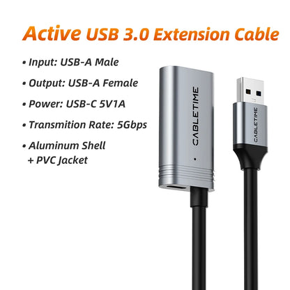 CABLETIME USB 3.0 Active Extension Cable – Male to Female