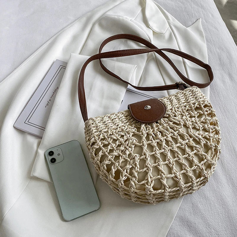 Handmade Half Moon Straw Crossbody Bag