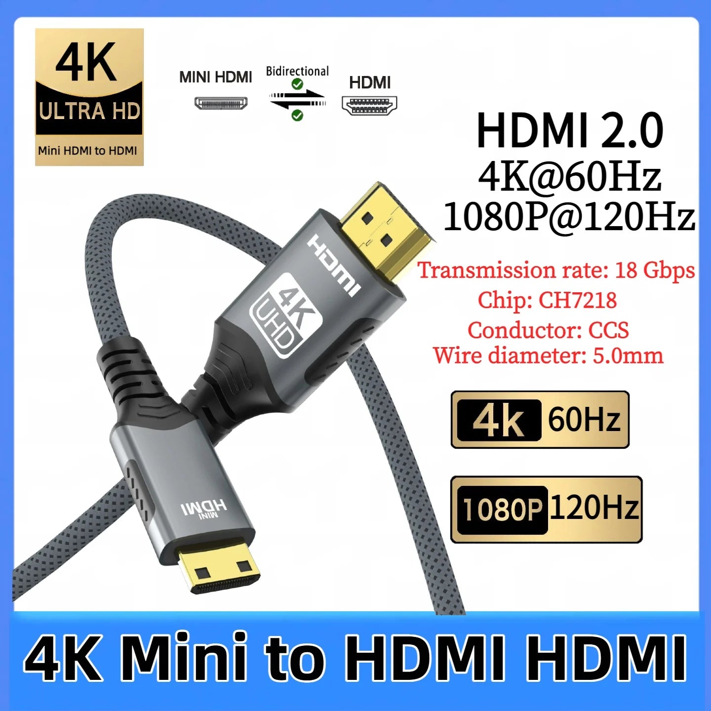 4K Mini HDMI to HDMI Braided Cable