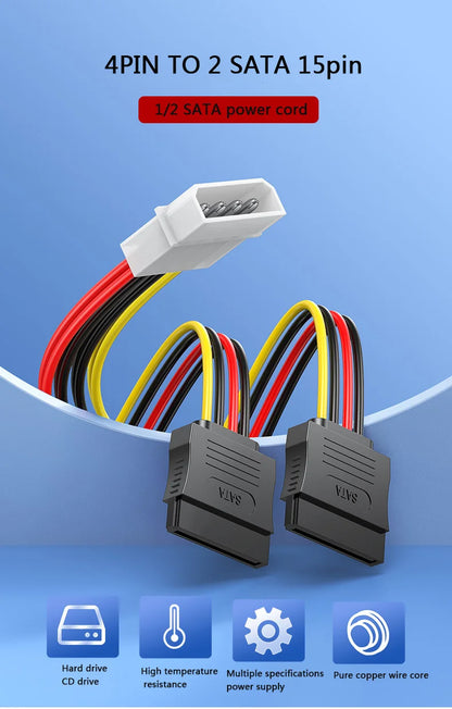 Dual SATA 15-Pin & 4-Pin Molex Power Splitter Cable for PC Hard Drives and SSDs