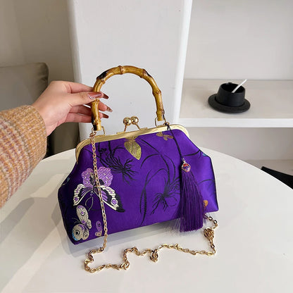 Luxury Embroidered Evening Handbag with Bamboo Handle