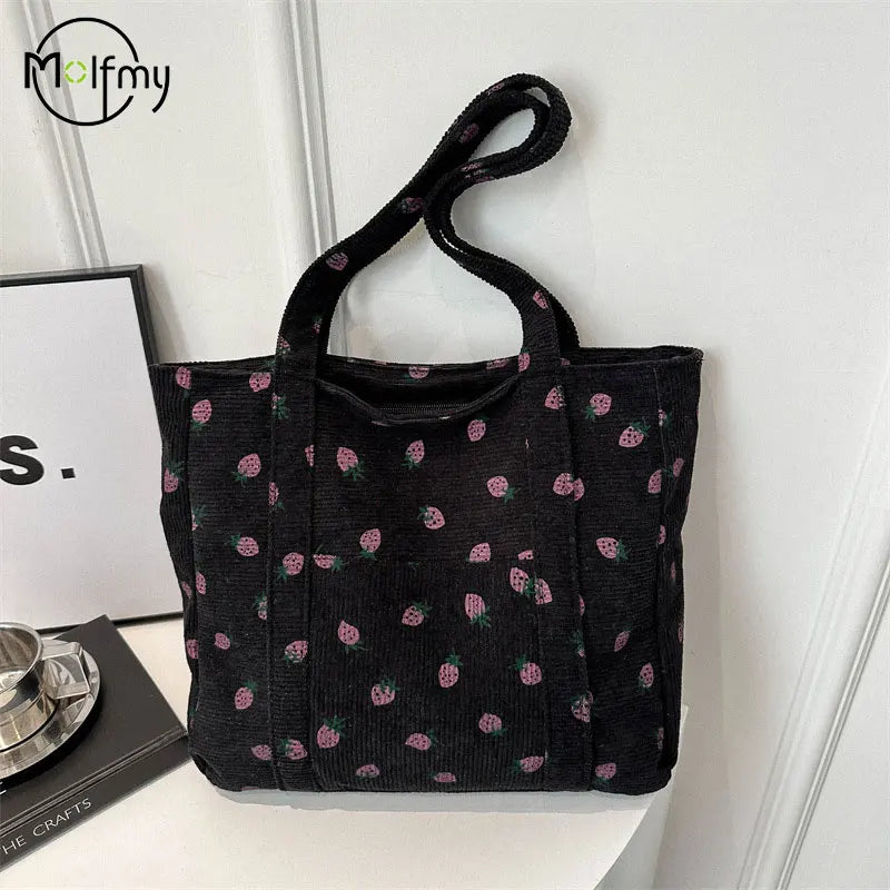 Corduroy Strawberry Print Tote Bag