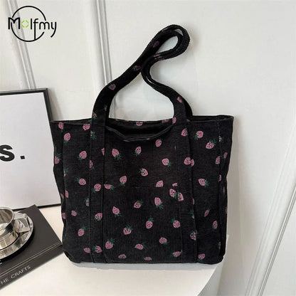 Corduroy Strawberry Print Tote Bag