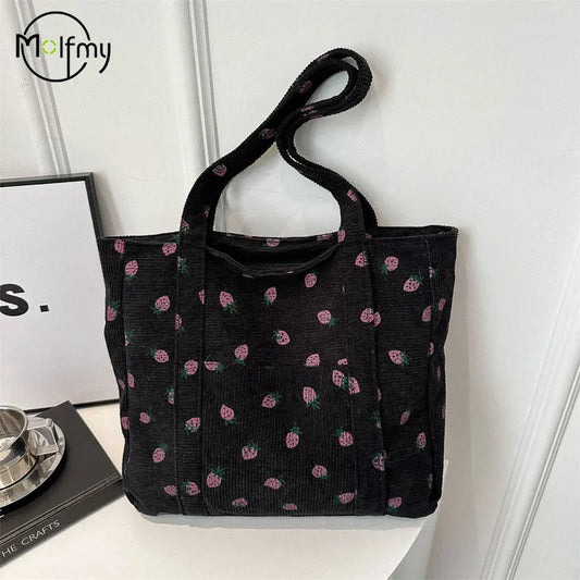 Corduroy Strawberry Print Tote Bag