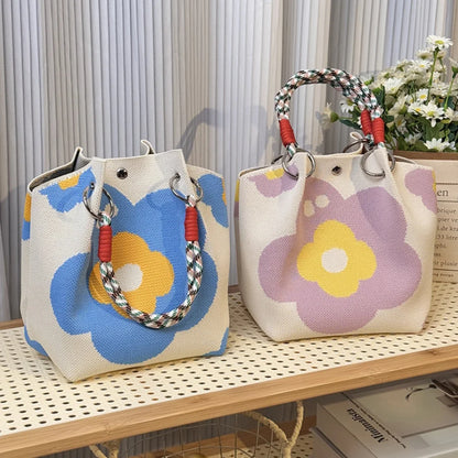 Color Block Knitted Cotton Bucket Tote Bag