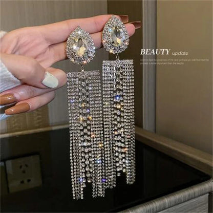 Water Drop Crystal Long Tassel Earrings