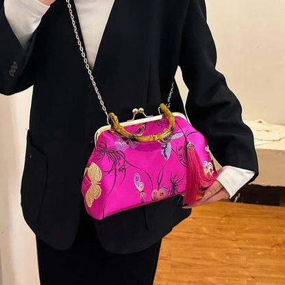 Luxury Embroidered Evening Handbag with Bamboo Handle