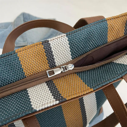 Striped Canvas Shoulder Tote Bag