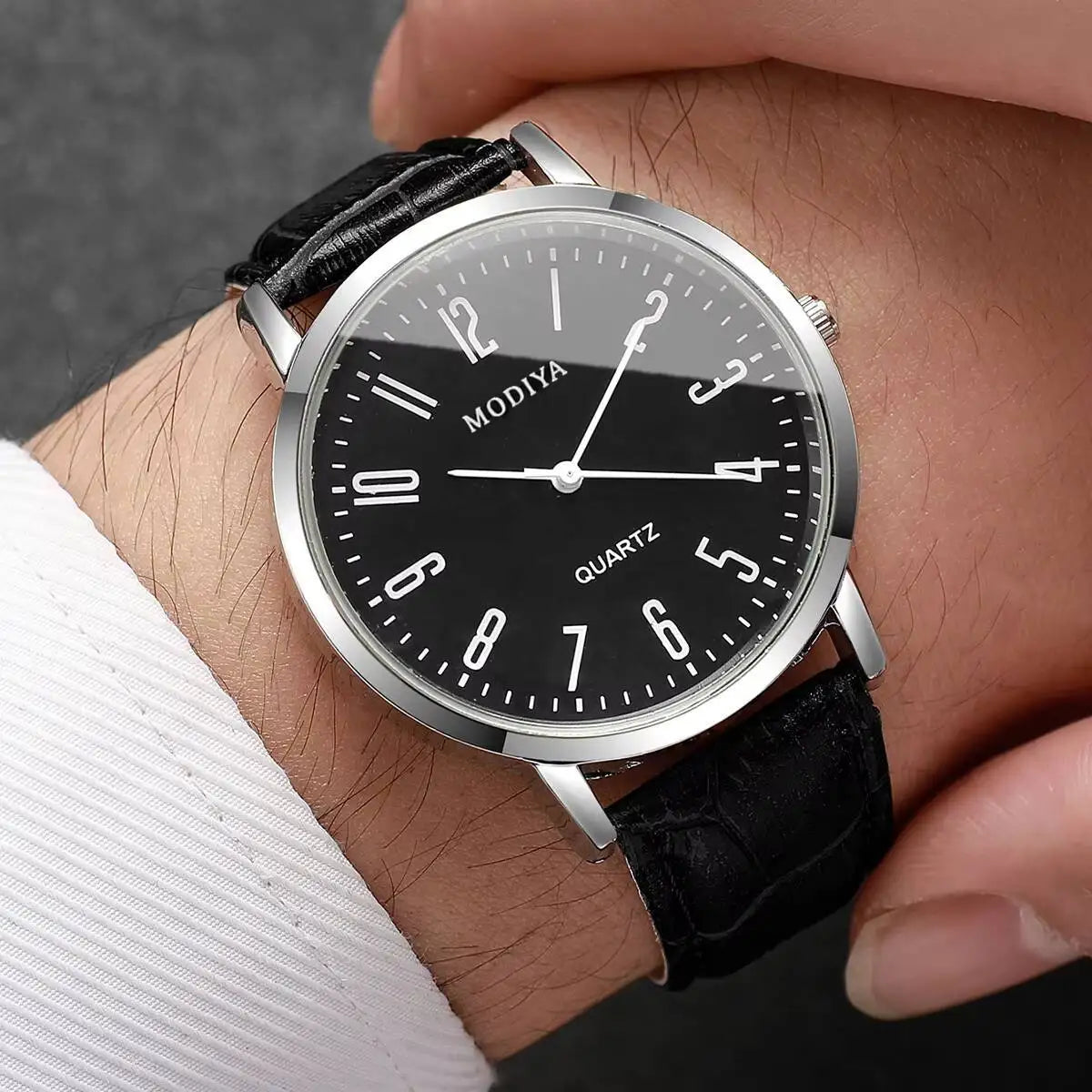 Men's Leather Strap Arabic Dial Quartz Watch Set
