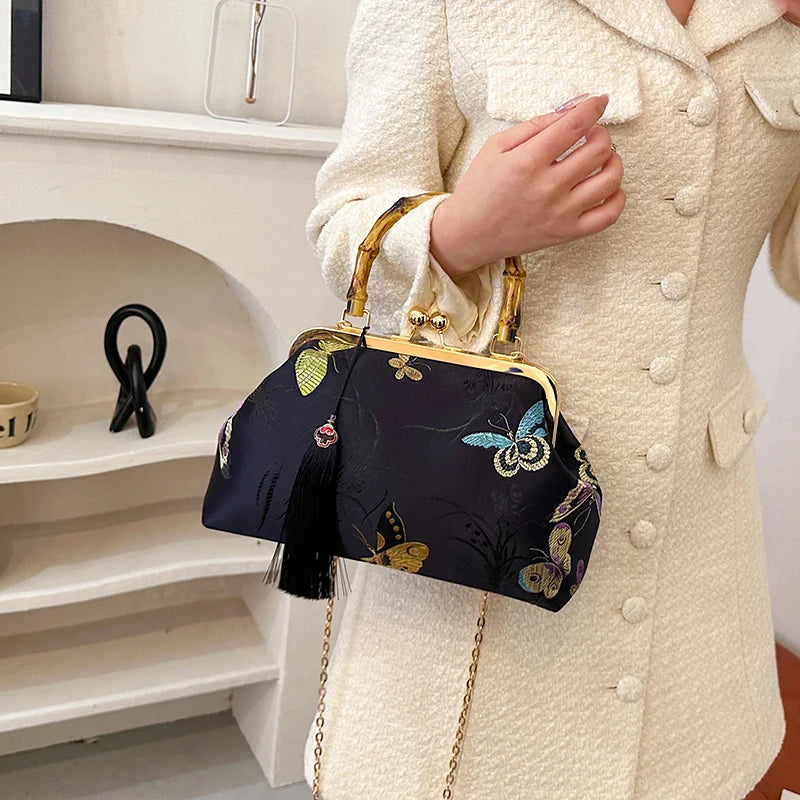 Luxury Embroidered Evening Handbag with Bamboo Handle