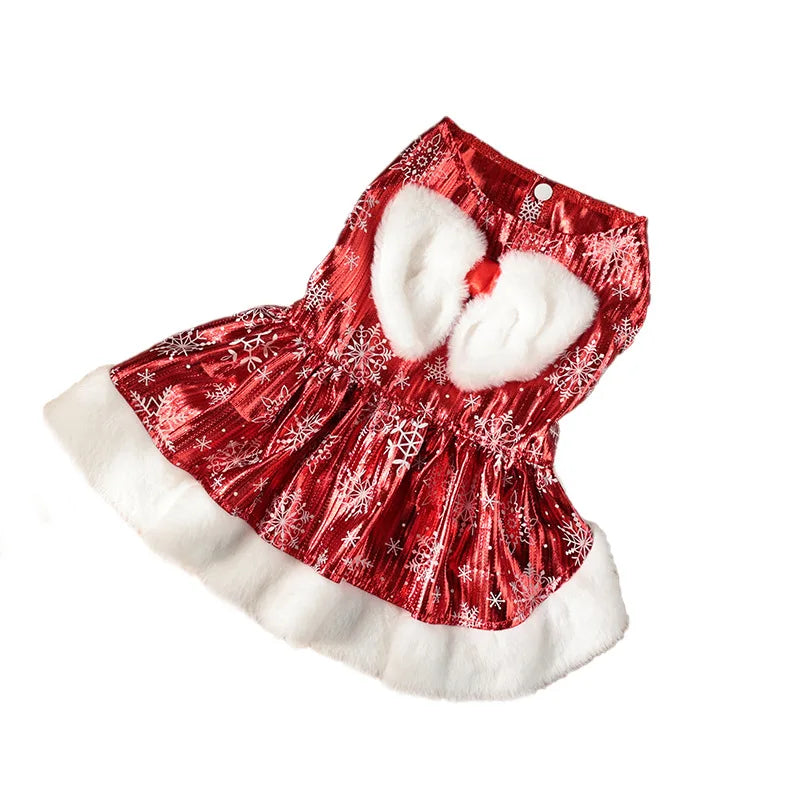 Christmas Dog Dress with Bow & Faux Fur Trim