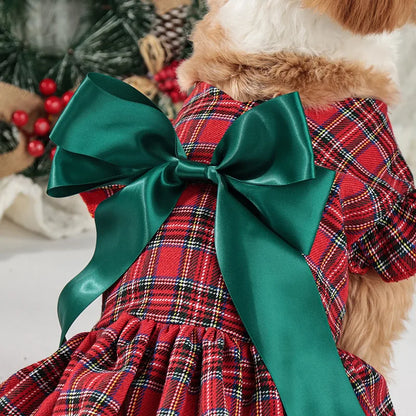 Plaid Christmas Dog Dress with Bow