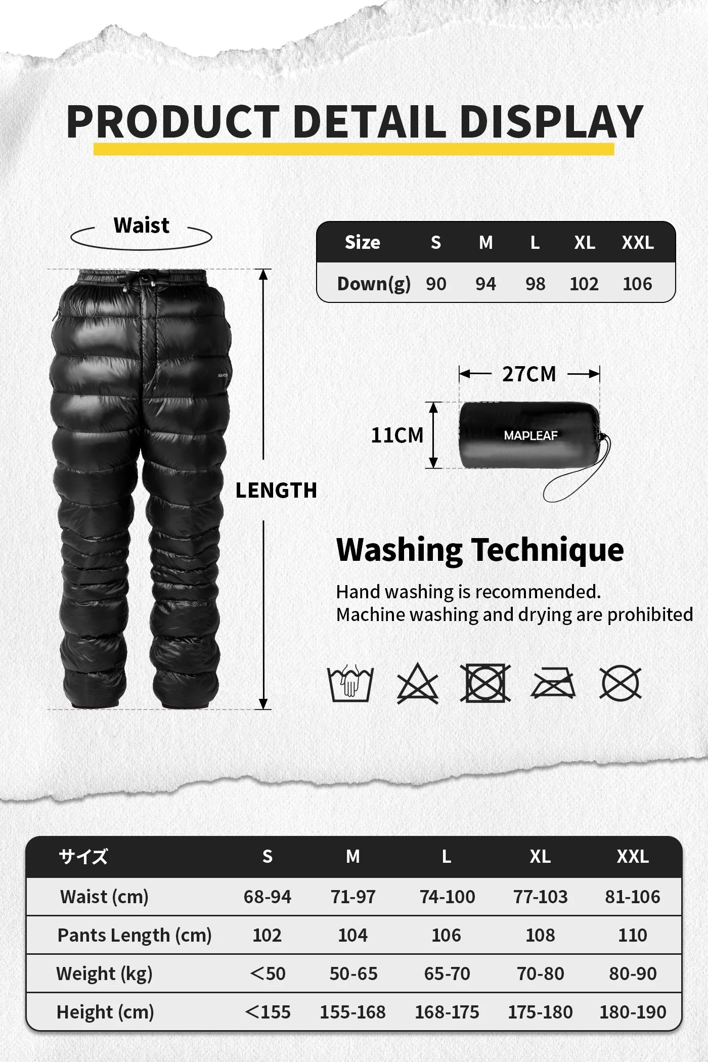 Ultralight Down Pants – 800FP Warm Waterproof Hiking Trousers