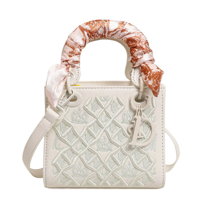Embroidered Top Handle Crossbody Bag with Scarf