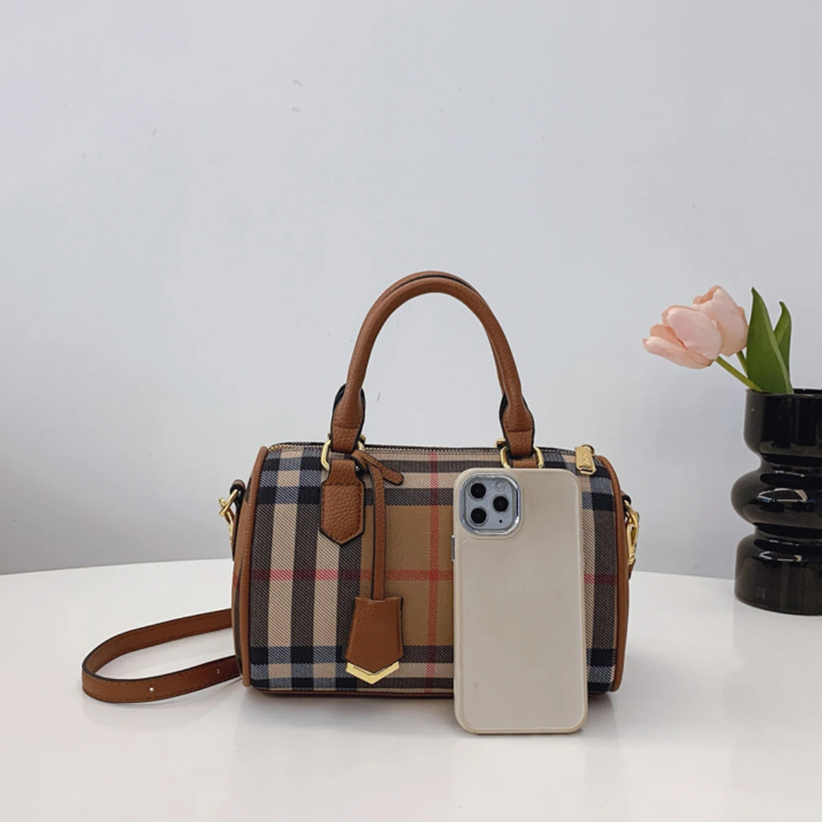 Classic Plaid PU Leather Crossbody Tote Bag