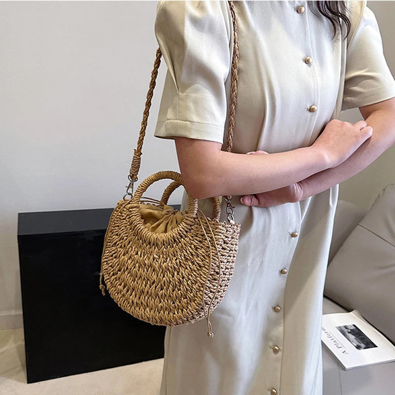 Handwoven Straw Rattan Crossbody Beach Bag