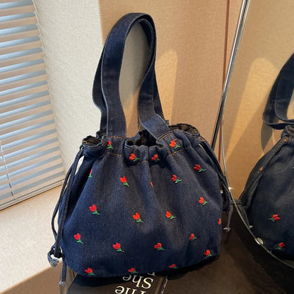 Embroidered Denim Drawstring Shoulder Tote Bag
