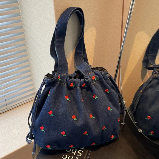 Embroidered Denim Drawstring Shoulder Tote Bag