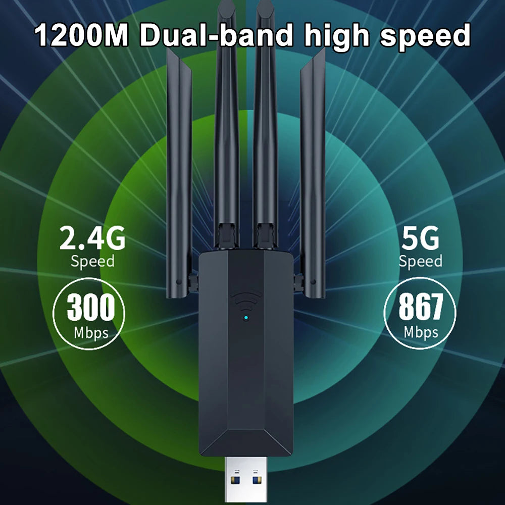 1200M USB 3.0 Dual-Band WiFi Adapter 2.4GHz/5GHz with 4 External Antennas