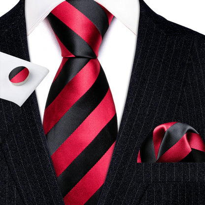 Barry Wang Jacquard Striped Silk Men's Tie Pocket Square Cufflinks Set