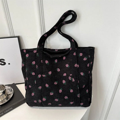 Corduroy Strawberry Print Tote Bag