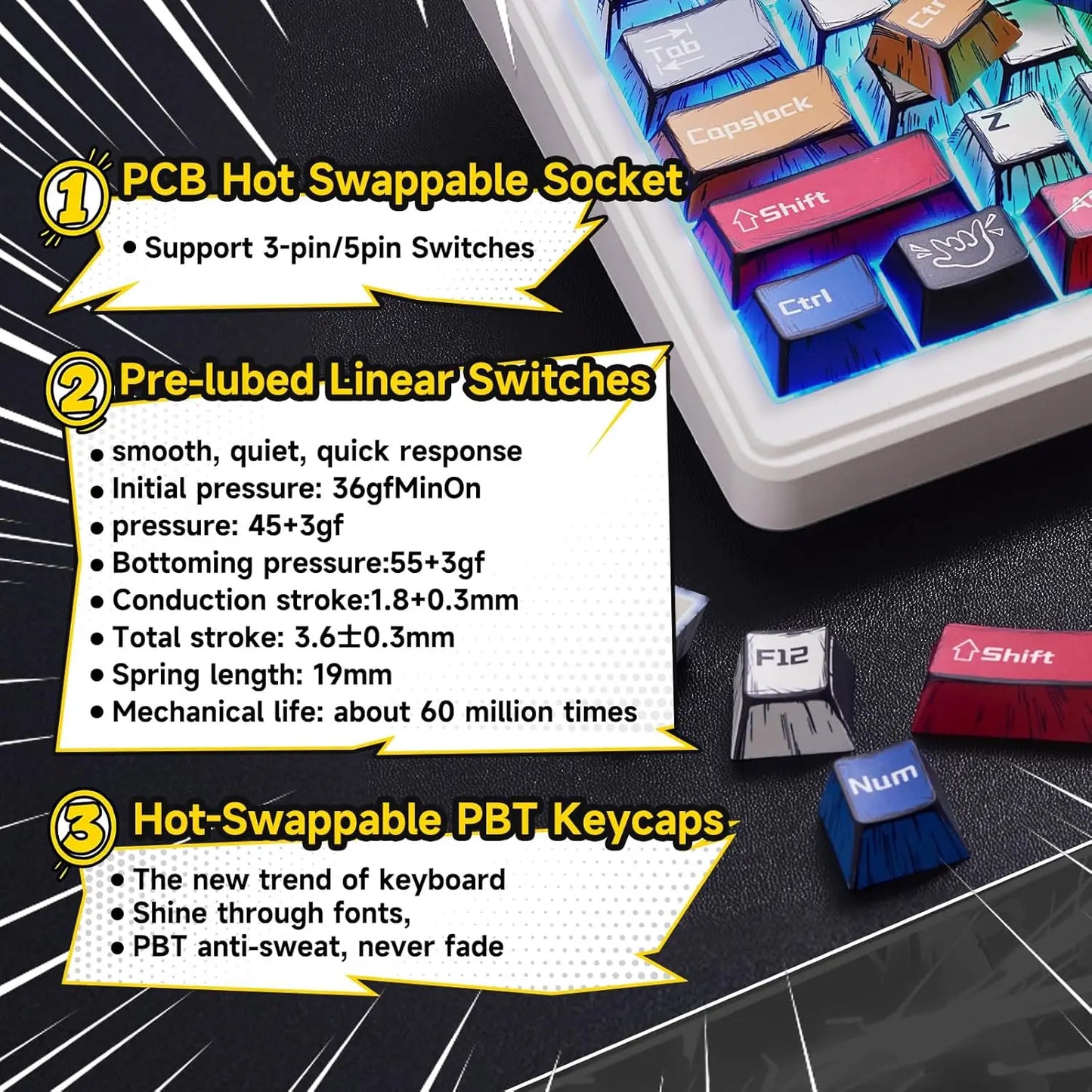 RGB Hot-Swappable Gaming Keyboard with PBT Comic Keycaps