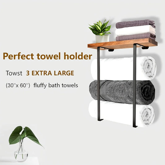 Wall-Mounted Bathroom Towel Rack with Wooden Shelf