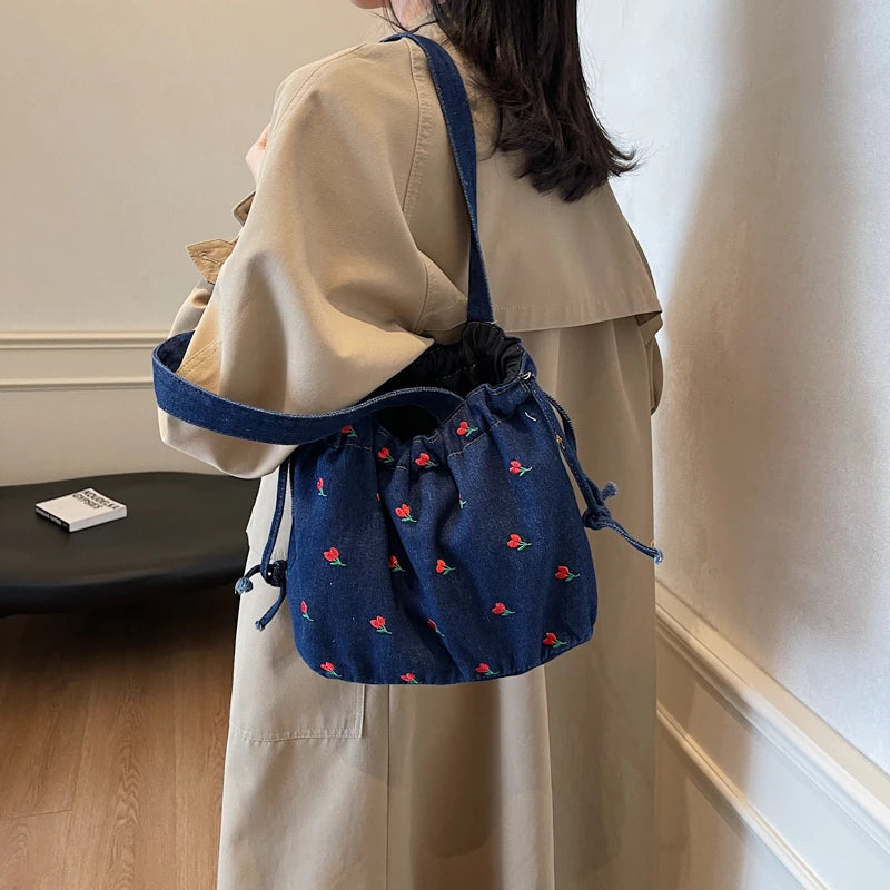 Embroidered Denim Drawstring Shoulder Tote Bag