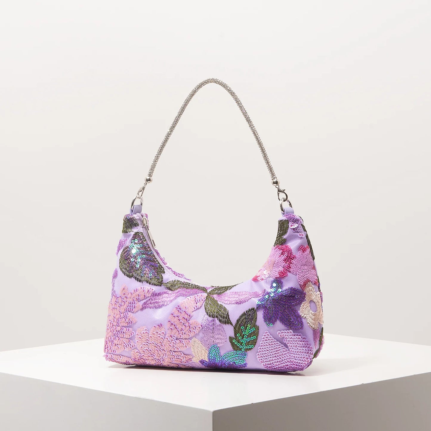 Floral Embroidered Sequin Shoulder Bag