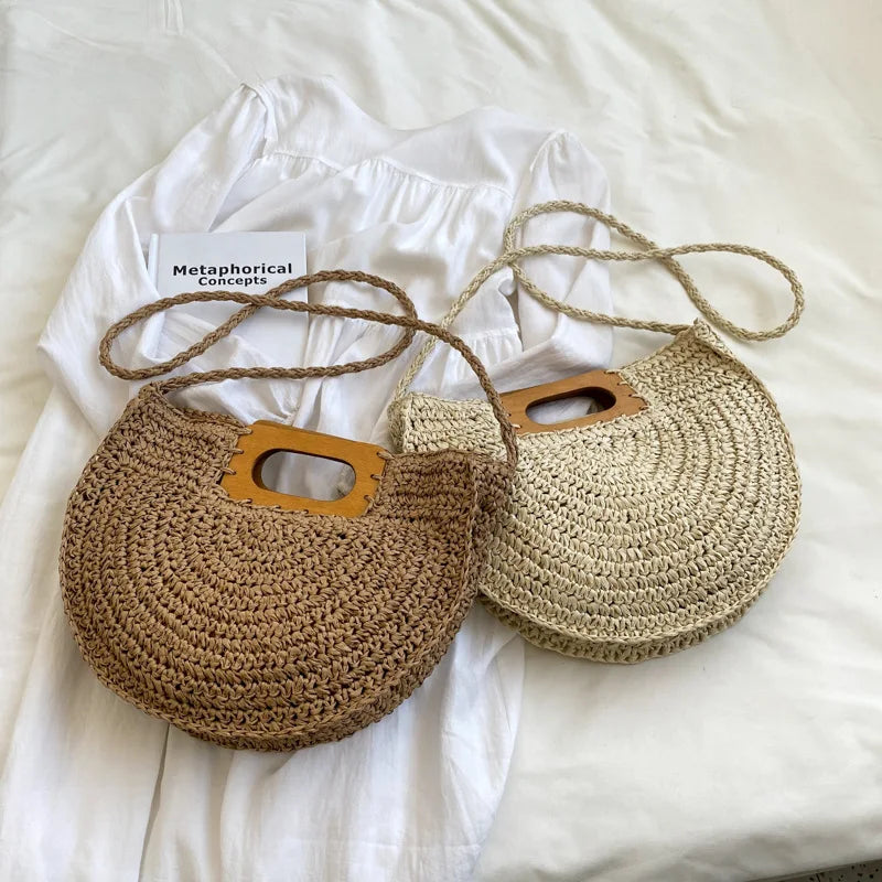 Handwoven Bohemian Straw Shopper Tote Bag