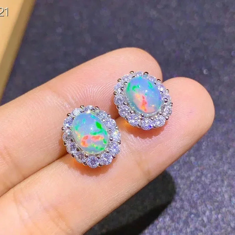 925 Sterling Silver Oval Opal Stud Earrings