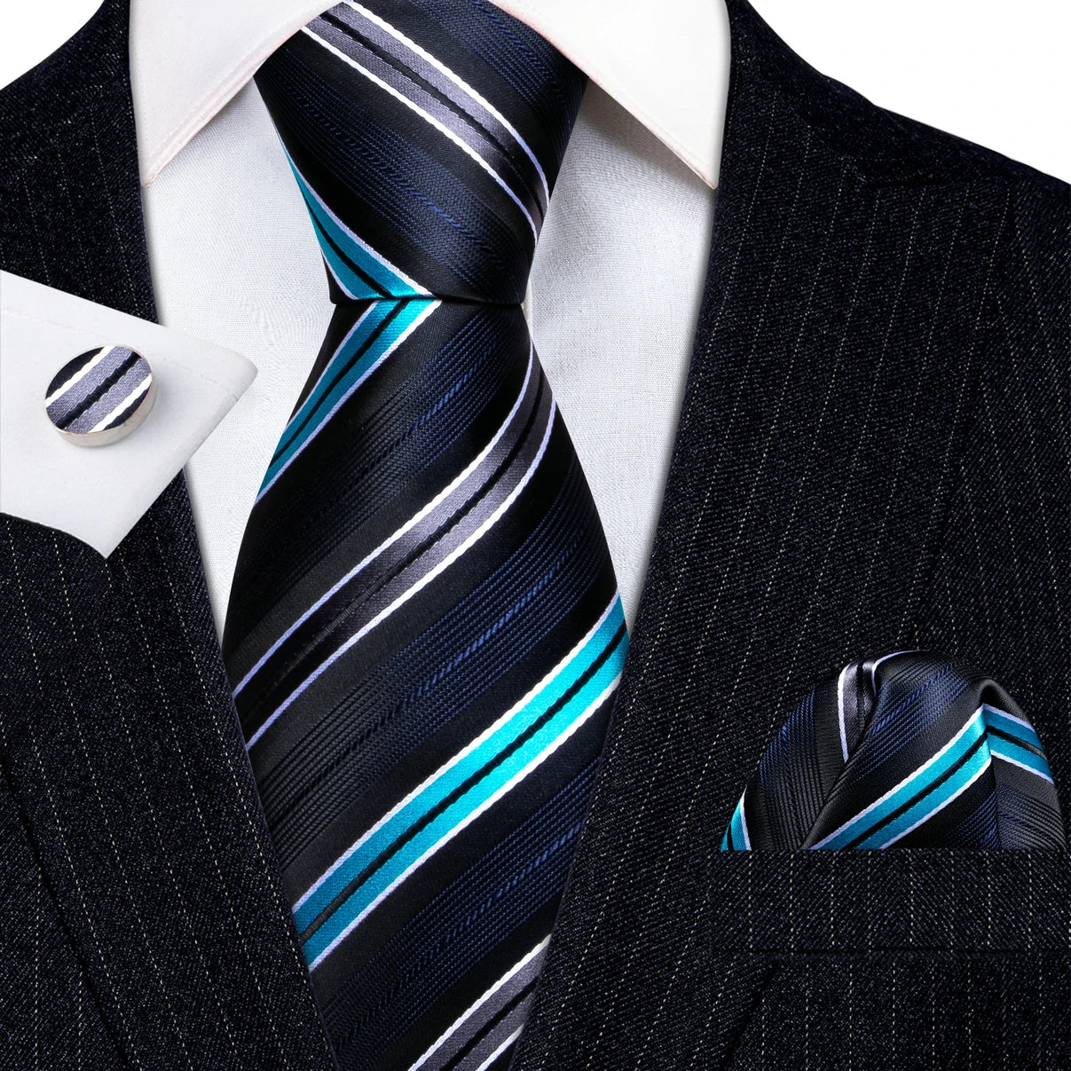Barry Wang Jacquard Striped Silk Men's Tie Pocket Square Cufflinks Set