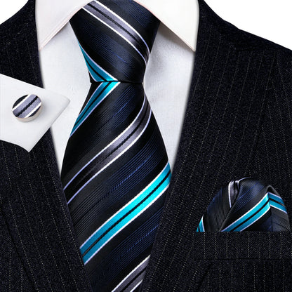 Barry Wang Jacquard Striped Silk Men's Tie Pocket Square Cufflinks Set