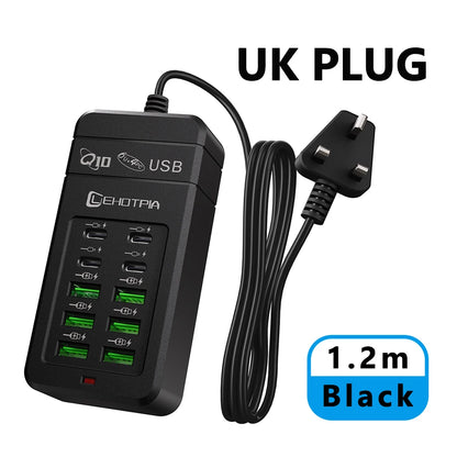 10-Port USB Charging Station with Multi-Plug Adapter