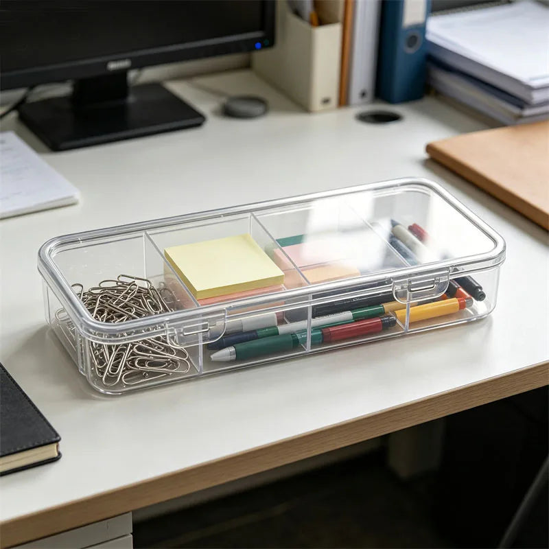 4-Slot Clear Plastic Desktop Organizer with Lid