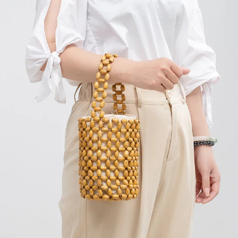 Handmade Woven Wooden Bead Bucket Bag