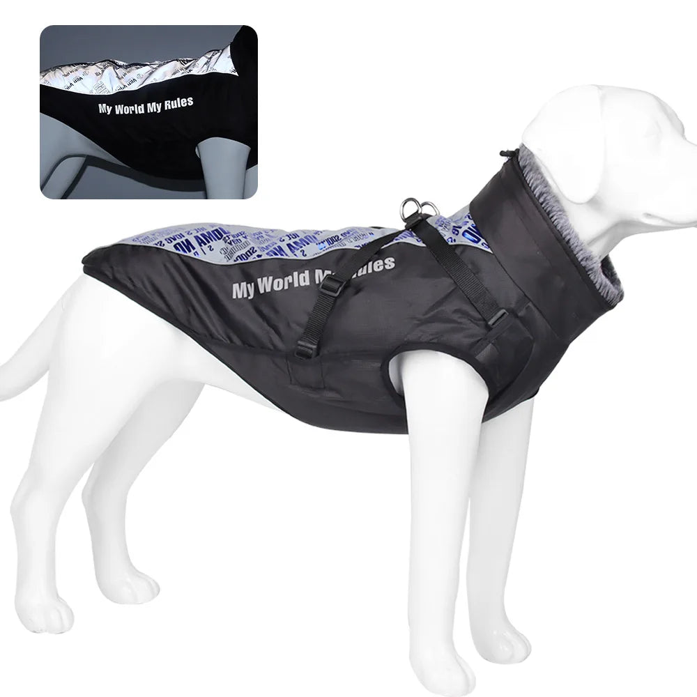 Reflective Winter Dog Coat with Faux Fur Collar for Large Dogs
