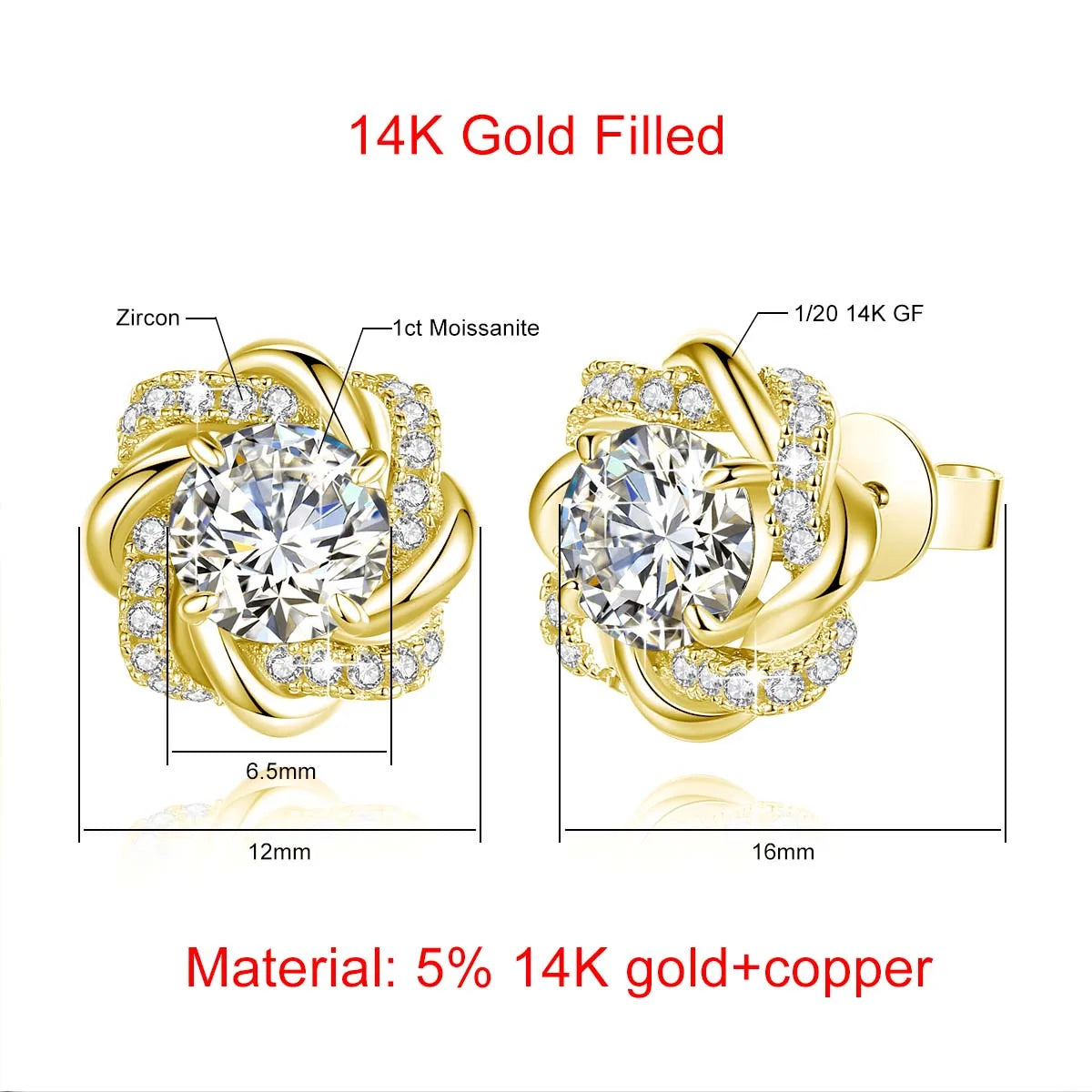 14K Gold Filled Floral Moissanite Stud Earrings