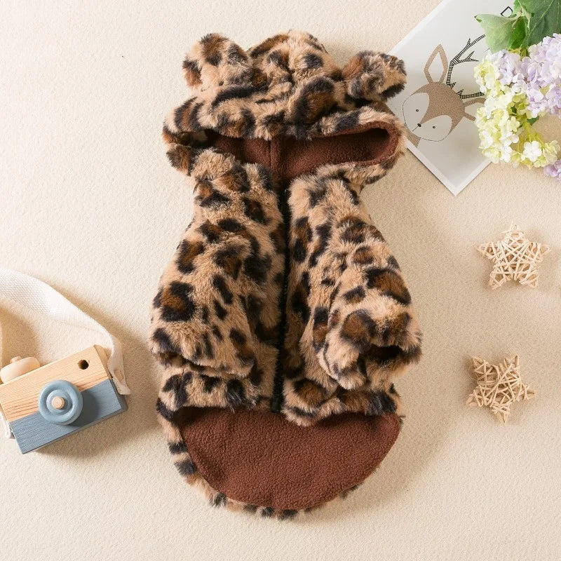 Leopard Fleece Dog Coat – Warm Hooded Pet Jacket