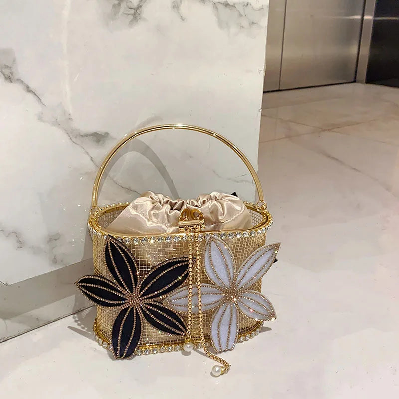 Handmade Floral Rhinestone Bucket Evening Bag