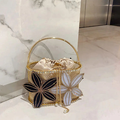 Handmade Floral Rhinestone Bucket Evening Bag