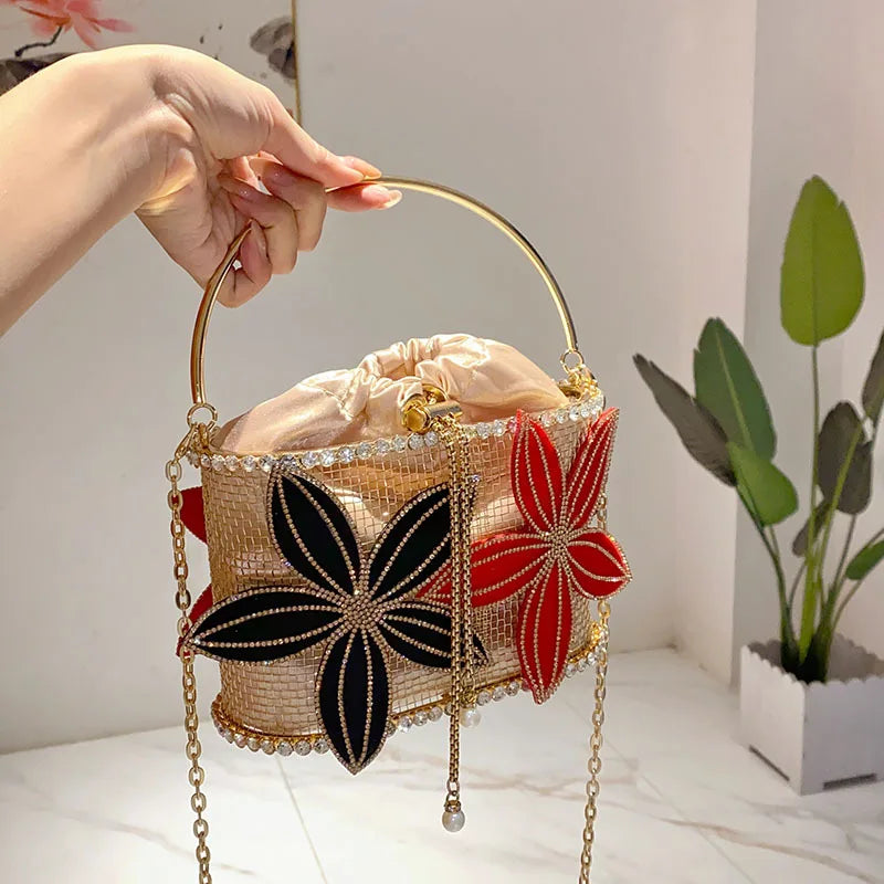 Handmade Floral Rhinestone Bucket Evening Bag