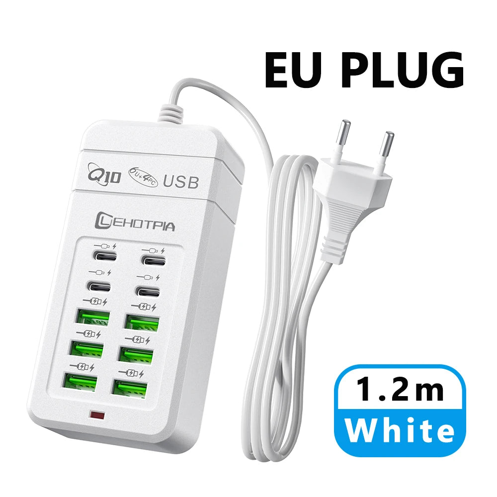 10-Port USB Charging Station with Multi-Plug Adapter