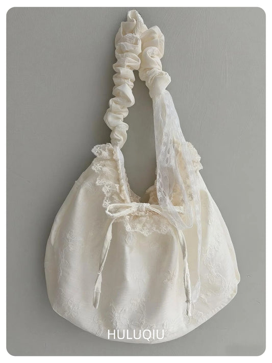 Lace Ruffle Shoulder Bag with Bow