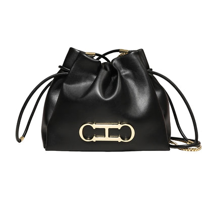CH Drawstring Bucket Bag – PU Leather Gold Chain Handbag