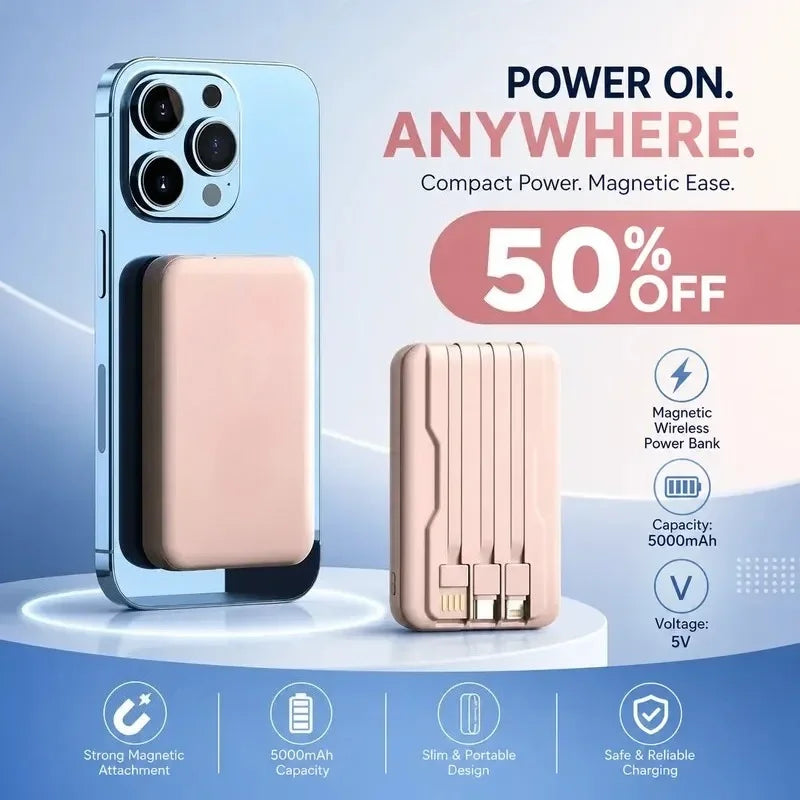 Magnetic Wireless Power Bank with Built-in Cable